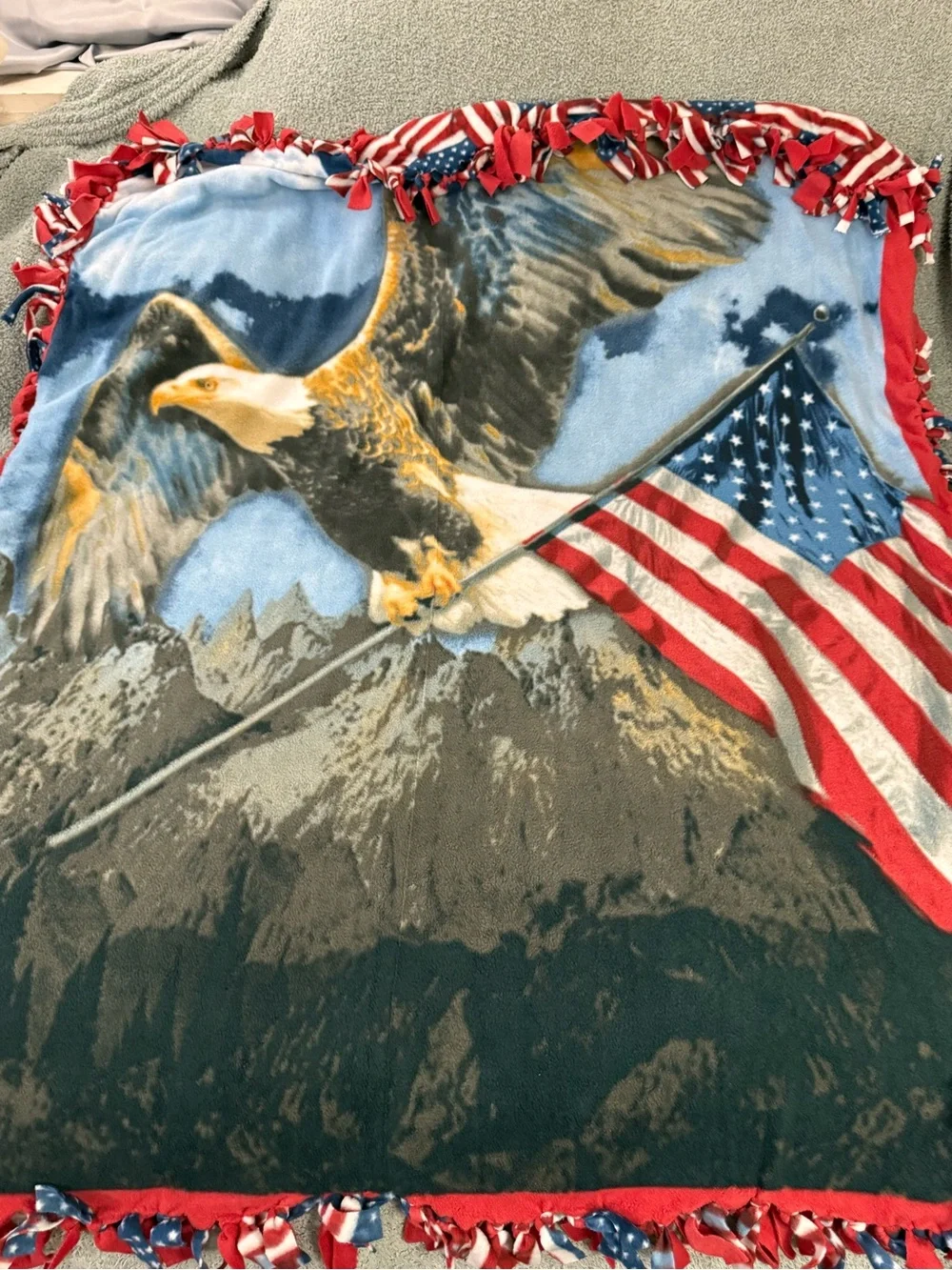 Patriotic Themed & Bald Eagle Flying Reversible 55” X 67” Fleece Tied Blanket